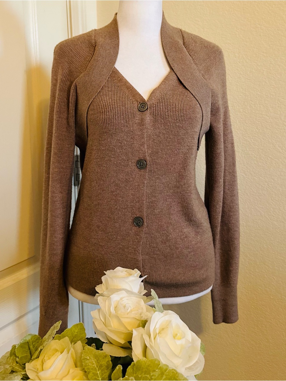 Women's Brown Button-Front V-Neck Sweater